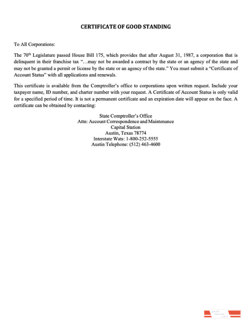 USA Texas certificate of good standing Word and PDF template